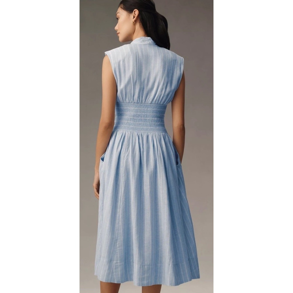 Anthropologie Tommie Cap Sleeve Smocked Front-Zip Shirt Dress Linen Blue White M - Picture 2 of 10